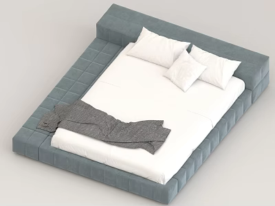 Modern Gray Upholstered Double Bed With White Mattress Pillows And Gray Blanket 3d model