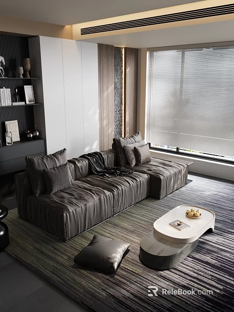 Modern Living Room Interior Design With Gray Leather Sofa Coffee Table And Blinds 3d model 