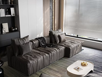 Modern Living Room Interior Design With Gray Leather Sofa Coffee Table And Blinds 3d model