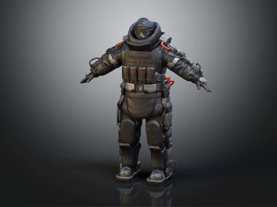 A Man in Black Tactical Protective Suit With Helmet Gear Details Standing In 3D Render 3d model