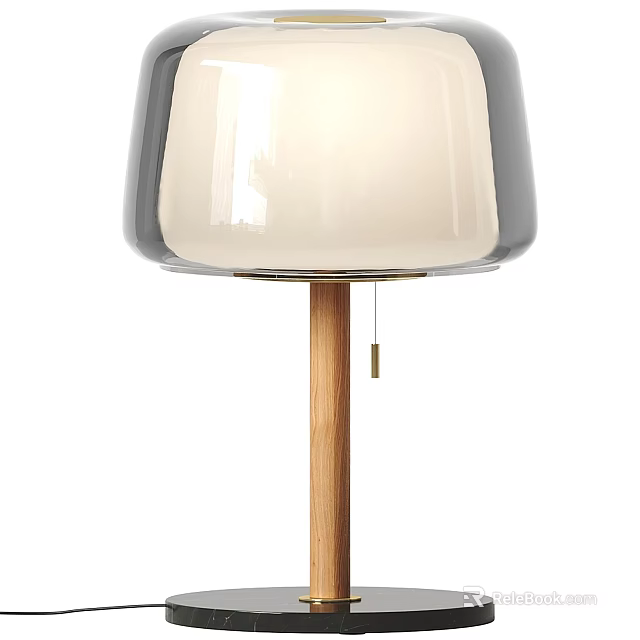 Modern Table Lamp With White And Gray Shade Wooden Base And Pull Cord Switch 3d model 