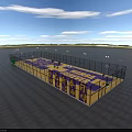 Outdoor Basketball Court With Purple And Yellow Floor Surrounding Fencing And Pole Lights