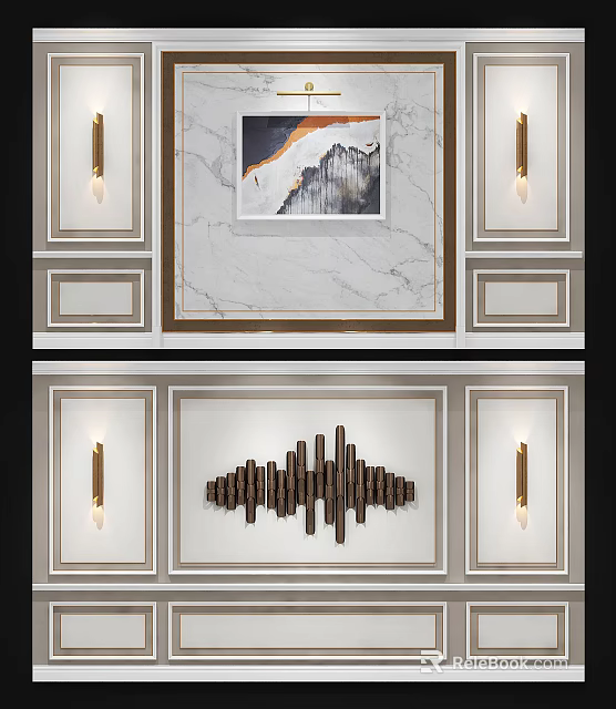 Modern Sofa Background Wall With Marble Panel Decorative Painting And Wall Lamps 3d model