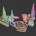 Cartoon Futuristic City Scene with Blue White Towers Green Geometric Platforms and Modern 3D Design