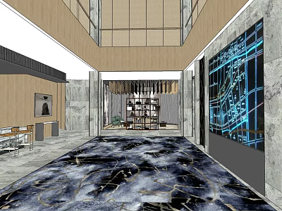 Elegant Modern Front Desk Reception Lobby With Double Height Ceiling And Marble Floor 3d model