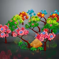 Colorful Trees with Multicolored Flowers Brown Trunks Green Grass and Stone