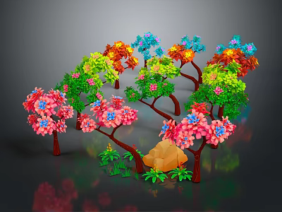 Colorful Trees with Multicolored Flowers Brown Trunks Green Grass and Stone 3d model