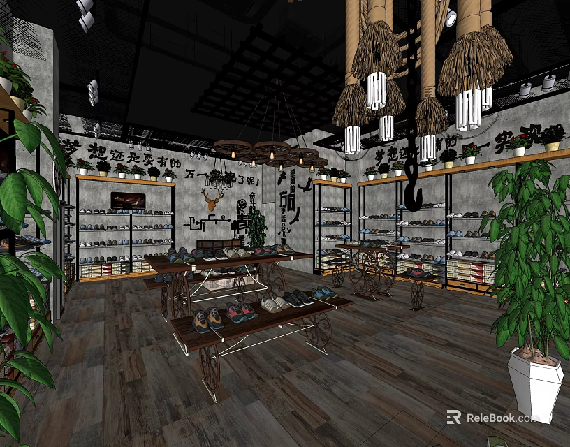 Shoe Store Interior With Display Shelves Shoes Plants And Decorative Chandeliers 3d model 