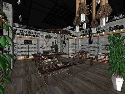Shoe Store Interior With Display Shelves Shoes Plants And Decorative Chandeliers 3d model