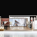 Modern Exhibition Booth Design With Tables Chairs Display Area And Brand Signage