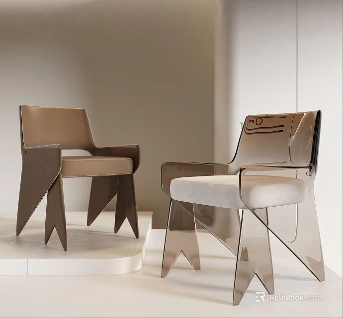 Modern Single Chairs With Leather And Transparent Acrylic Design And Unique Geometric Legs 3d model 