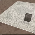 Beige Square Rug With Gray Intricate Patterns On Herringbone Wooden Floor With Woven Stool Accent