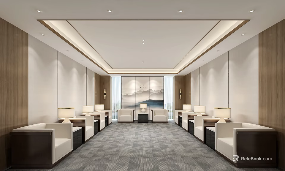 Spacious Modern Hotel Public Lounge Area With Comfortable Seating Tables And Decorative Wall Art 3d model 