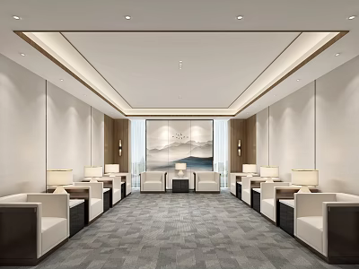 Spacious Modern Hotel Public Lounge Area With Comfortable Seating Tables And Decorative Wall Art 3d model