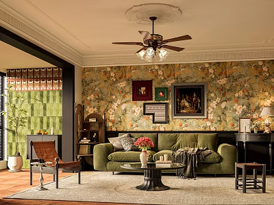 Cozy Vintage Living Room Interior Design With Green Sofa Floral Wallpaper And Ceiling Fan Lights 3d model