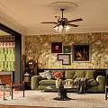 Cozy Vintage Living Room Interior Design With Green Sofa Floral Wallpaper And Ceiling Fan Lights