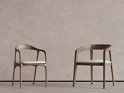 Modern Wooden Chairs With Curved Armrests And White Cushions In Minimalist Interior 3d model