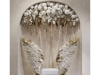 Wall Decorative Design With Arch White Flowers And Golden Wings Hanging Ornaments 3d model