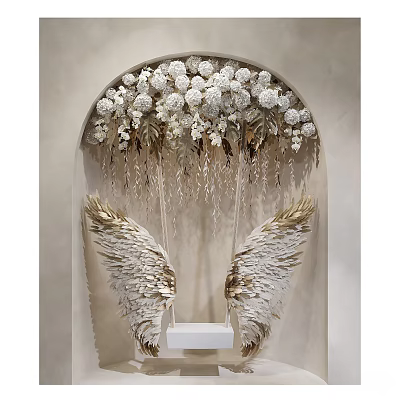 Wall Decorative Design With Arch White Flowers And Golden Wings Hanging Ornaments 3d model