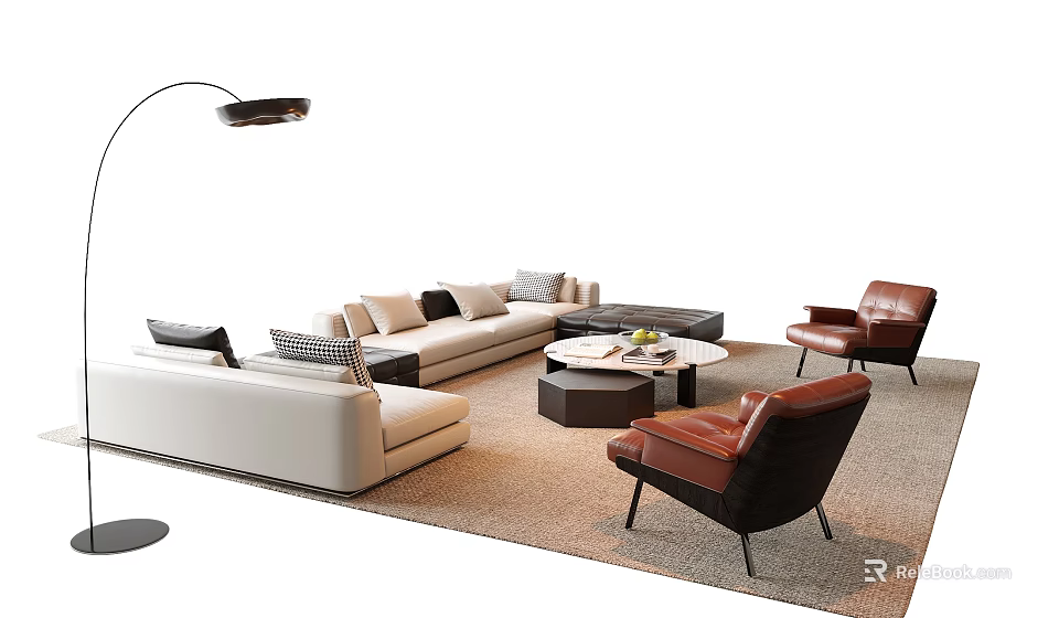 Modern Living Room Sofa Coffee Table Set With Leather Chairs Floor Lamp And Decorative Cushions 3d model 