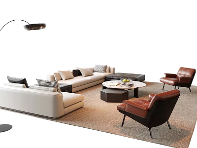 Modern Living Room Sofa Coffee Table Set With Leather Chairs Floor Lamp And Decorative Cushions 3d model