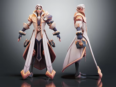 Mystic Wizard Character In Golden White Robe With Staff 3D Model Front Back View 3d model