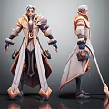 Mystic Wizard Character In Golden White Robe With Staff 3D Model Front Back View