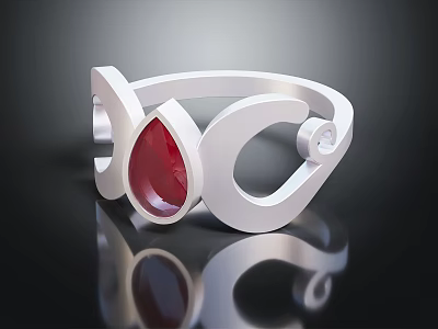 Modern Silver Ring With Red Teardrop Gemstone And Sleek Curved Design 3d model