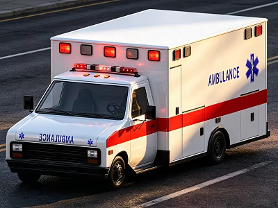 White Ambulance Vehicle With Red Emergency Lights And Stripes On Road 3d model