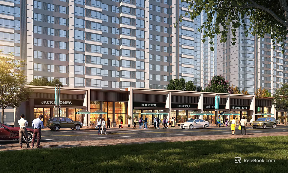 Bustling Modern Commercial Street With High Rise Buildings Shops Pedestrians And Trees 3d model 