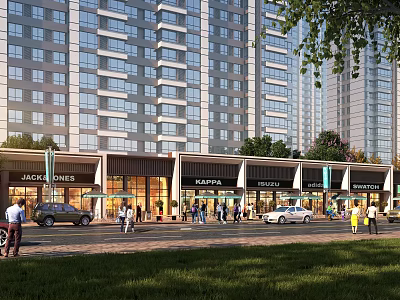 Bustling Modern Commercial Street With High Rise Buildings Shops Pedestrians And Trees 3d model