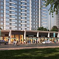 Bustling Modern Commercial Street With High Rise Buildings Shops Pedestrians And Trees