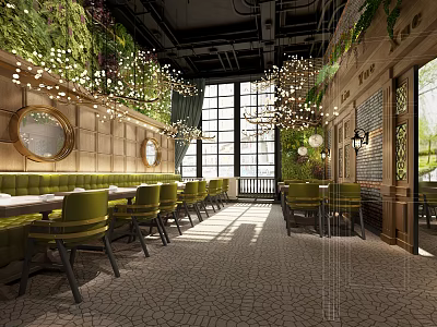 Charming Restaurant Interior With Lush Greenery Hanging Chandeliers Green Chairs And Large Windows 3d model