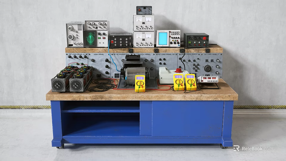 Functional Desk Featuring Wooden Top Blue Frame And Various Electronic Devices Meters Control Panels 3d model 
