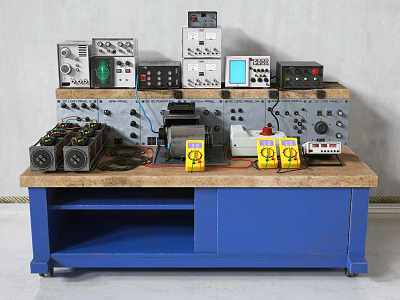 Functional Desk Featuring Wooden Top Blue Frame And Various Electronic Devices Meters Control Panels 3d model