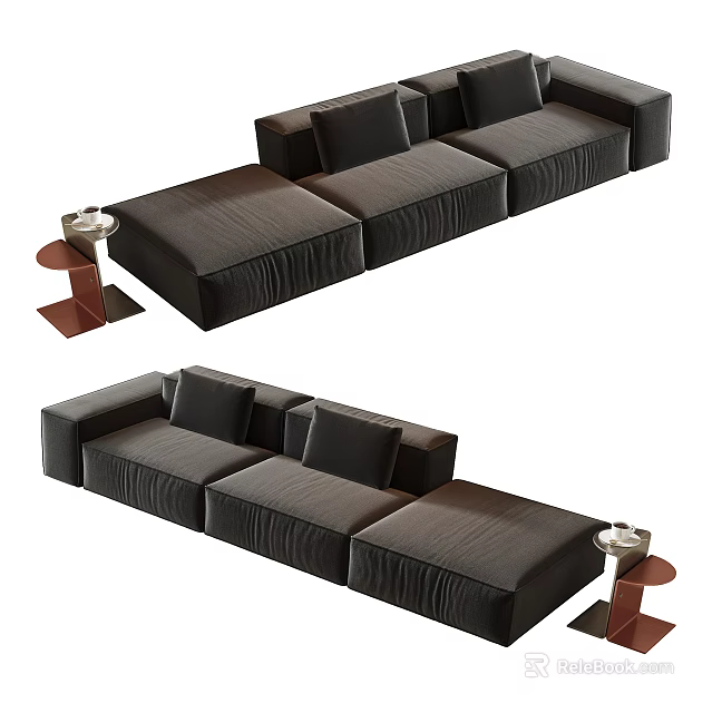 Modern Dark Brown Sectional Sofa With Textured Fabric And Wooden Side Table 3d model 