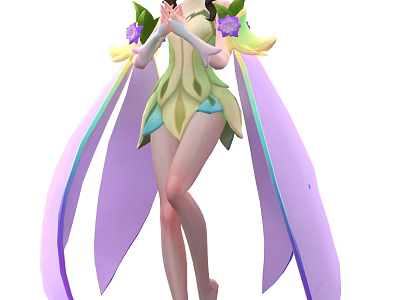 Game or Movie Fantasy Character with Green Blue Outfit Purple Wings and Flower Decorations 3d model