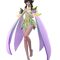 Game or Movie Fantasy Character with Green Blue Outfit Purple Wings and Flower Decorations