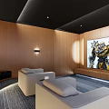Home Theater Room Interior With Comfortable Sofas Large Screen And Wooden Walls 3d model
