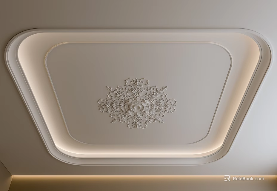 Modern White Ceiling Design With Exquisite Carving And LED Light Strips 3d model 