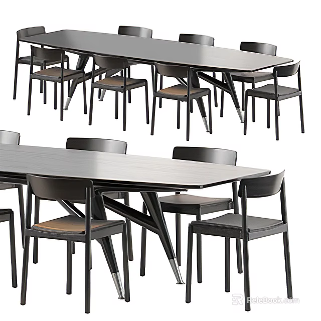 Modern Rectangular Dining Table Set With Matching Chairs And Wooden Top Design 3d model 