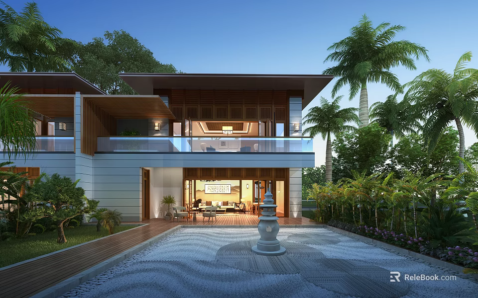 Modern Two Story Townhouse Exterior With Courtyard Palm Trees And Stone Pathway 3d model 