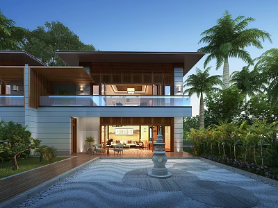 Modern Two Story Townhouse Exterior With Courtyard Palm Trees And Stone Pathway 3d model