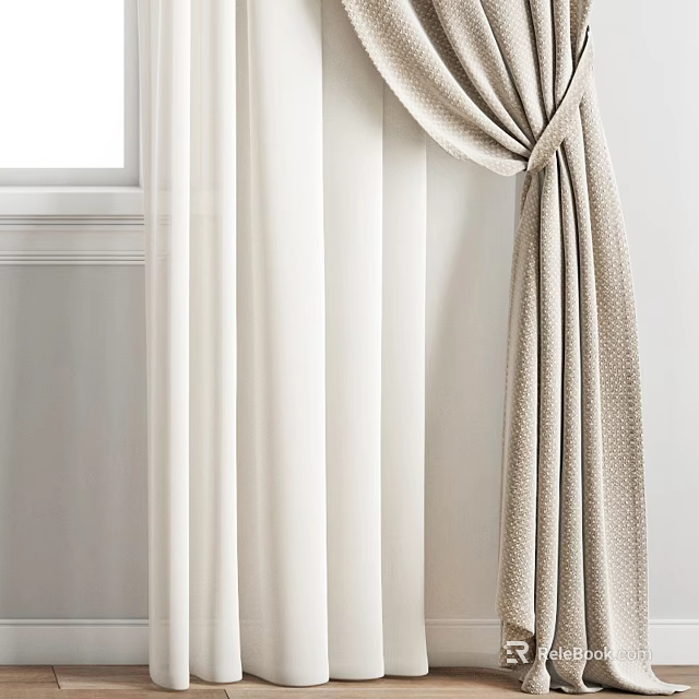 Light Beige And White Curtains With Tied Knot Design And Soft Textured Fabric 3d model 