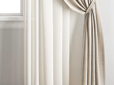 Light Beige And White Curtains With Tied Knot Design And Soft Textured Fabric 3d model