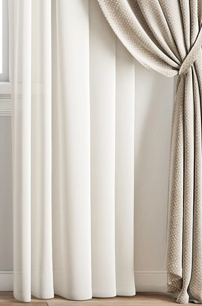 Light Beige And White Curtains With Tied Knot Design And Soft Textured Fabric 3d model