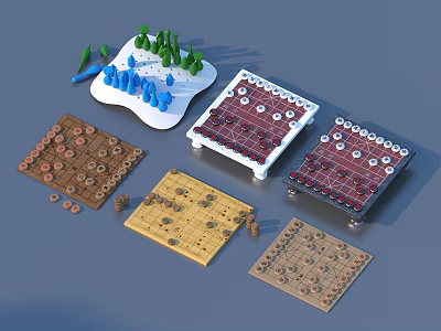 Traditional Board Games Collection With Chess Checkers And Decorative Tree Pieces 3d model