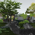 Traditional Garden Landscape With Lush Trees Rocks Pavilion And Stone Path