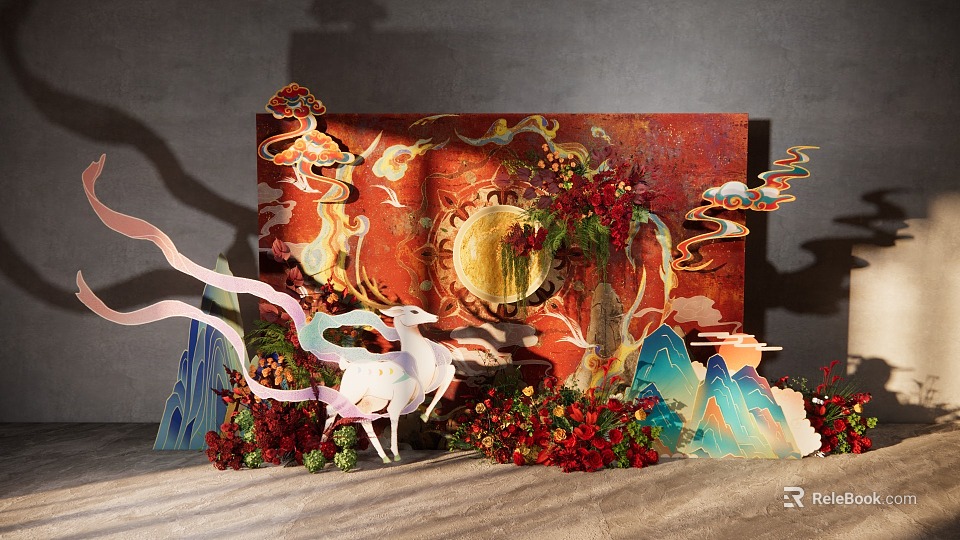 Banquet Hall with Red Phoenix Backdrop Circular Ornament White Crane Mountain Decor and Red Flowers 3d model 