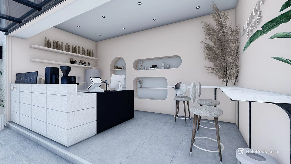 Modern Bubble Tea Shop Interior With White Counter Bar Stools And Decorative Plant 3d model 